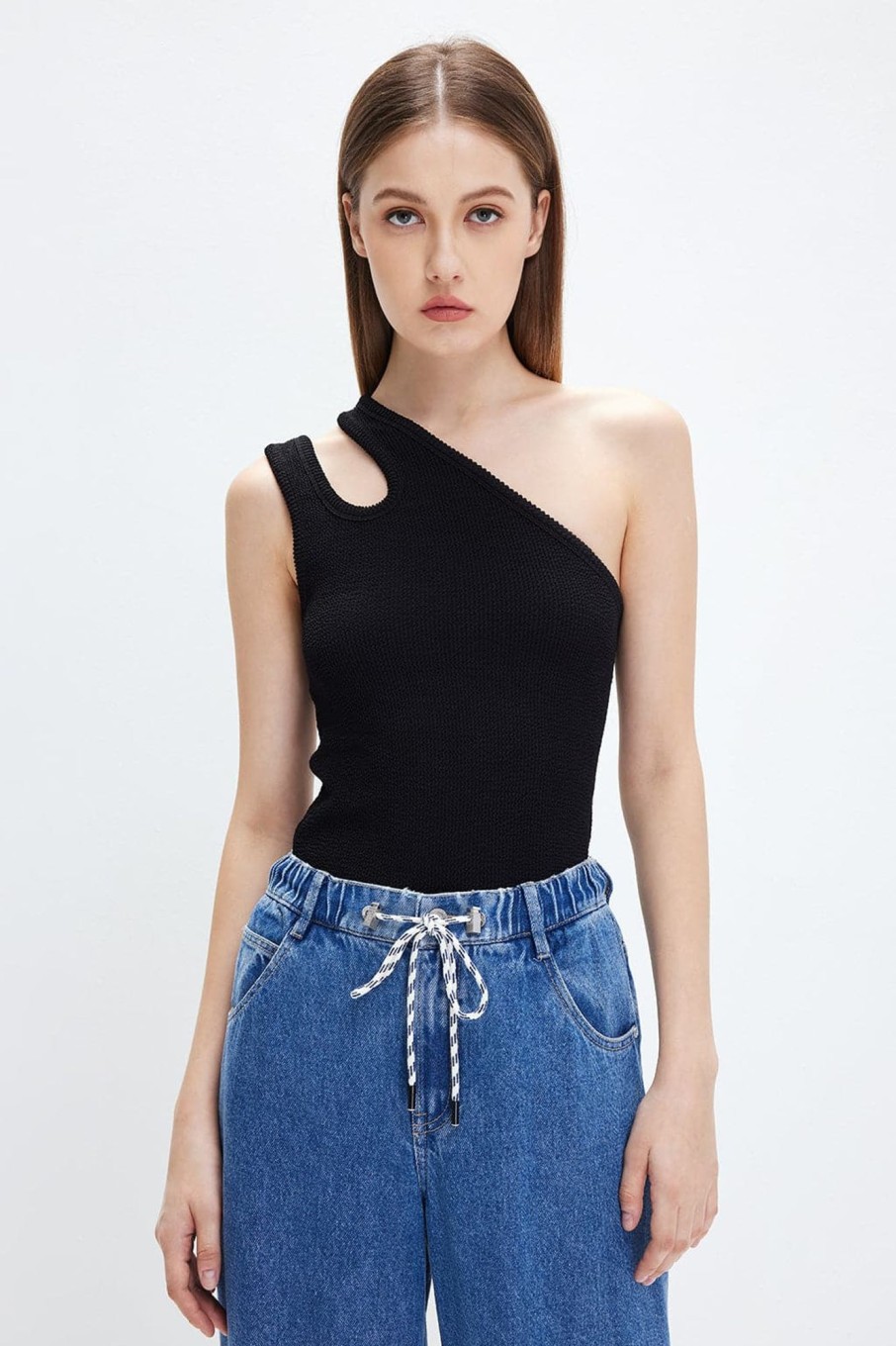 MISS SIXTY Tops | One Shoulder Elastic Rib Top Black