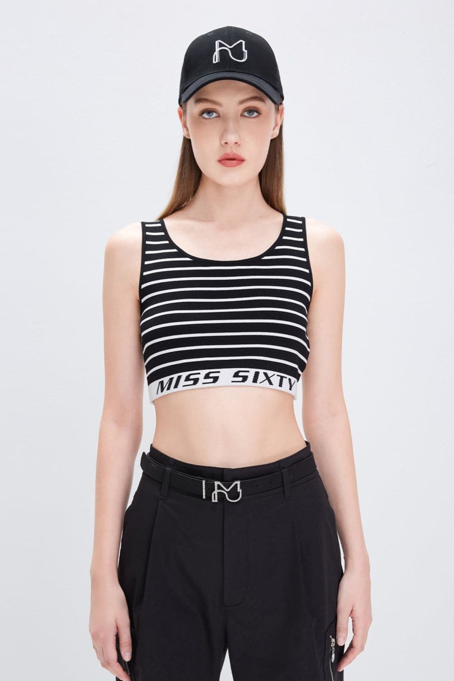 MISS SIXTY Tops | Striped Cropped Stretchy Vest Black/White