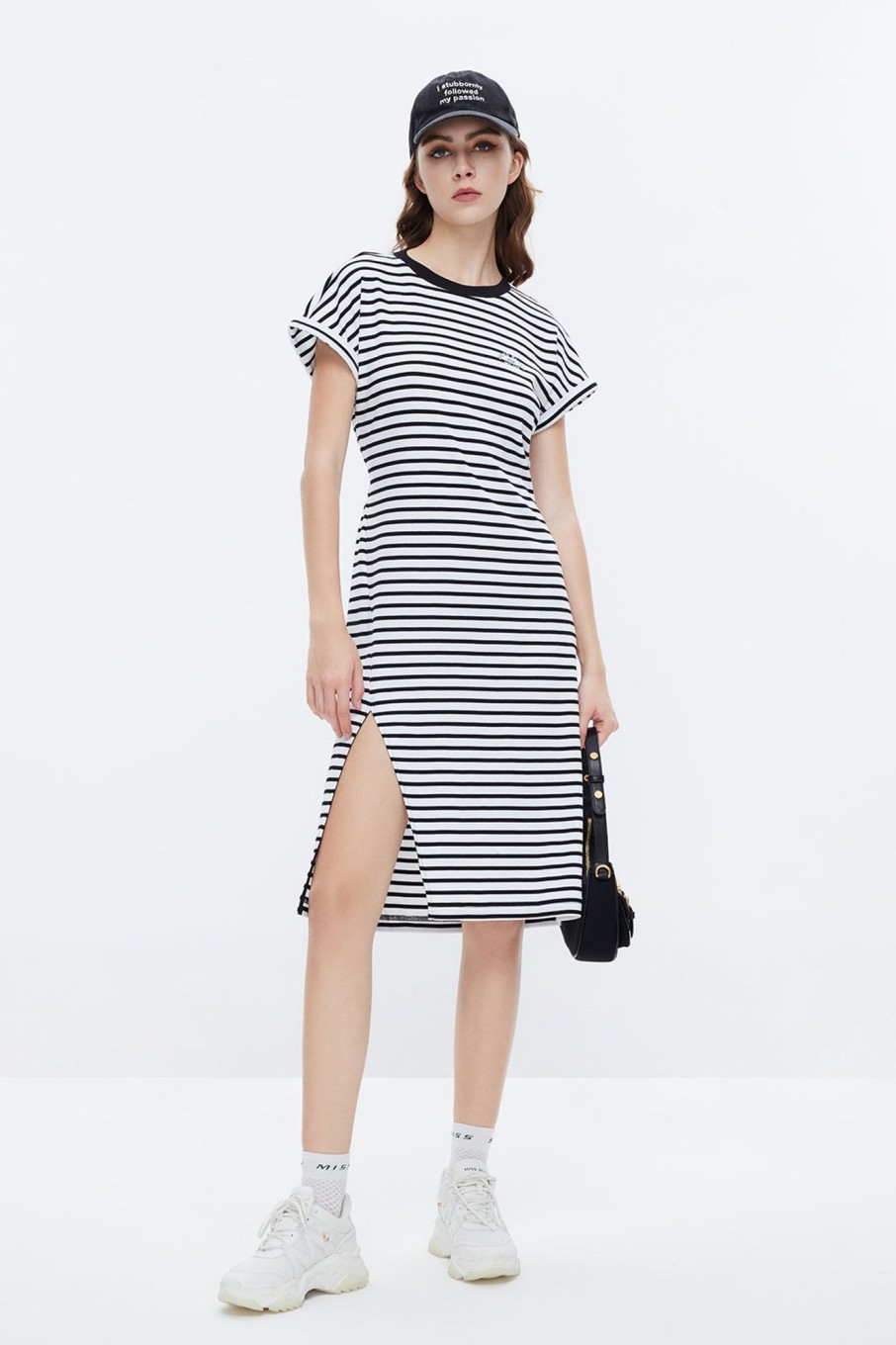 MISS SIXTY Dresses | Cotton Contrast Stripe Slit Dress White/Black