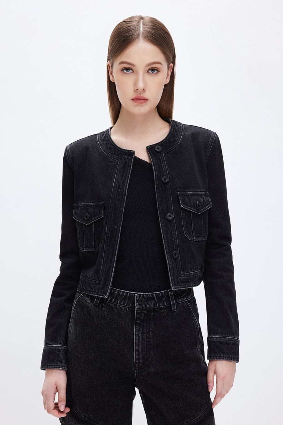 MISS SIXTY Jackets & Outerwears | Crew Neck Denim Jacket In Black Black Fog