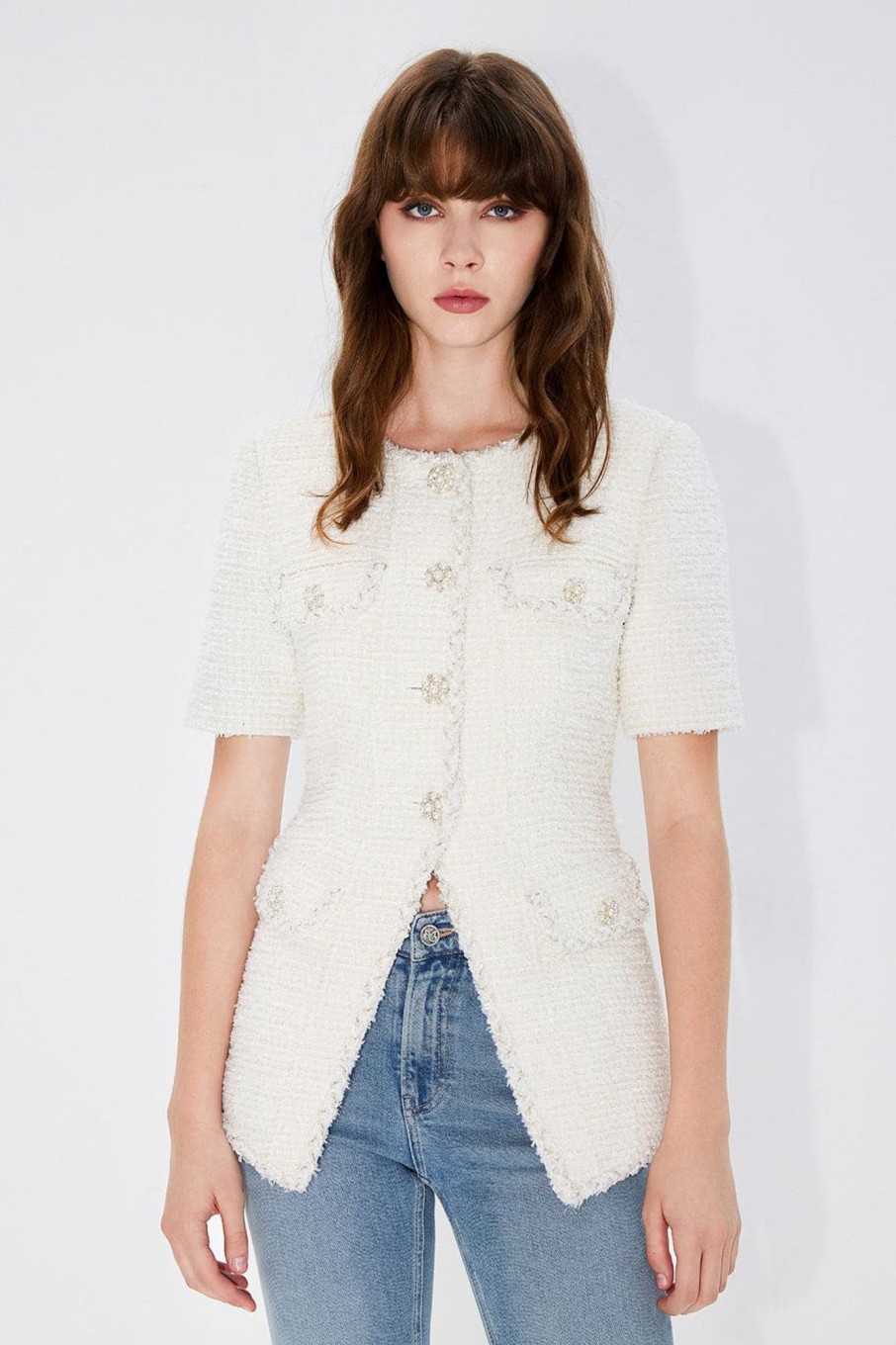 MISS SIXTY Jackets & Outerwears | Elegant Tweed Jacket With Pearl White