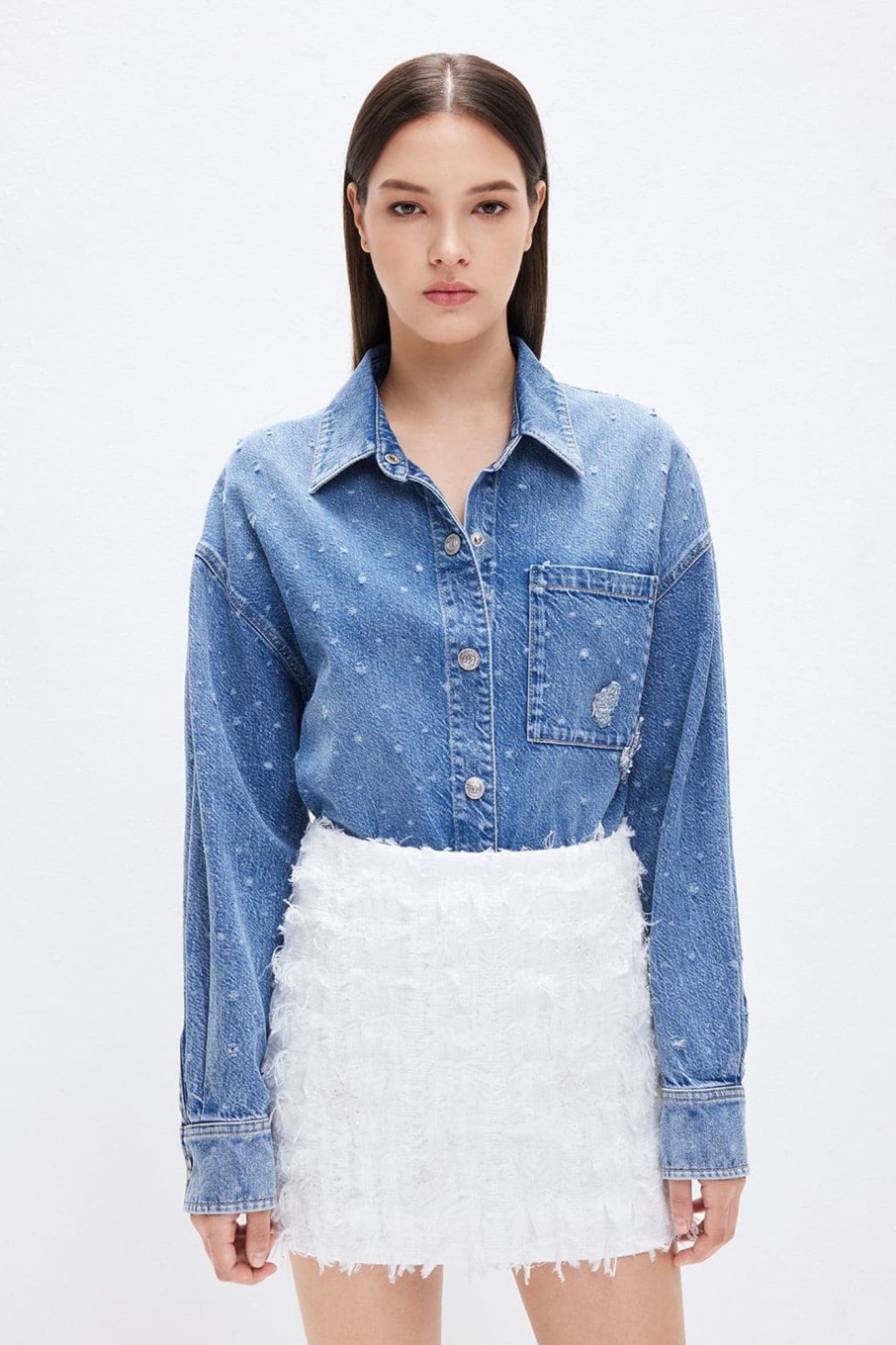 MISS SIXTY Tops | Denim Shirt With Beaded Butterfly Middle Blue