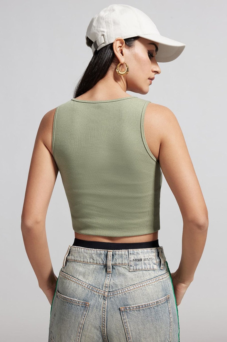 MISS SIXTY Tops | Crew Neck Sleeveless Printed T-Shirt Green Grey