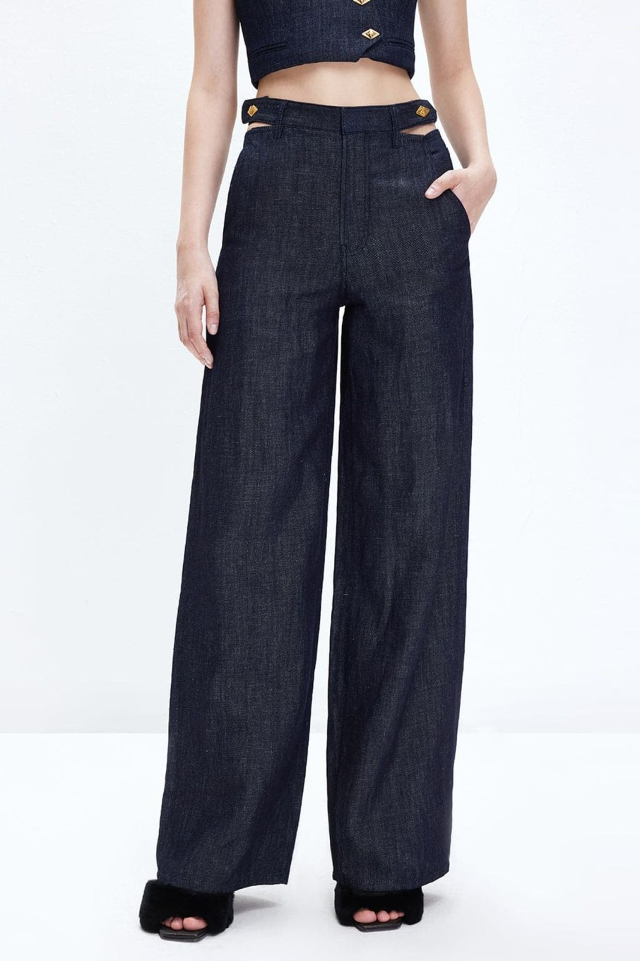 MISS SIXTY Straight | Dark Blue Cutout Wide-Leg Linen Jeans Deep Blue