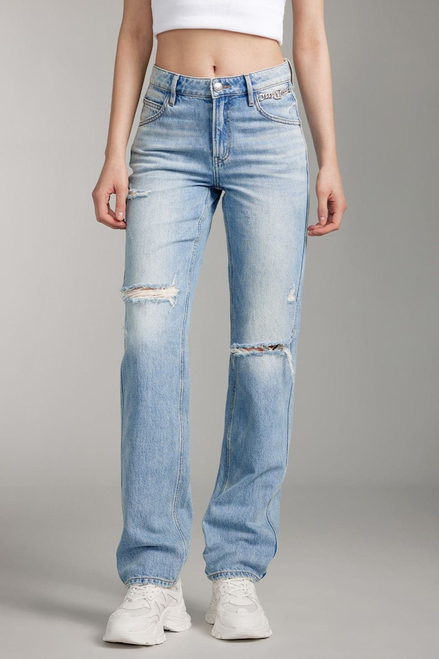 MISS SIXTY Straight | Ripped Straight Pants With Crystal Chain Middle Blue