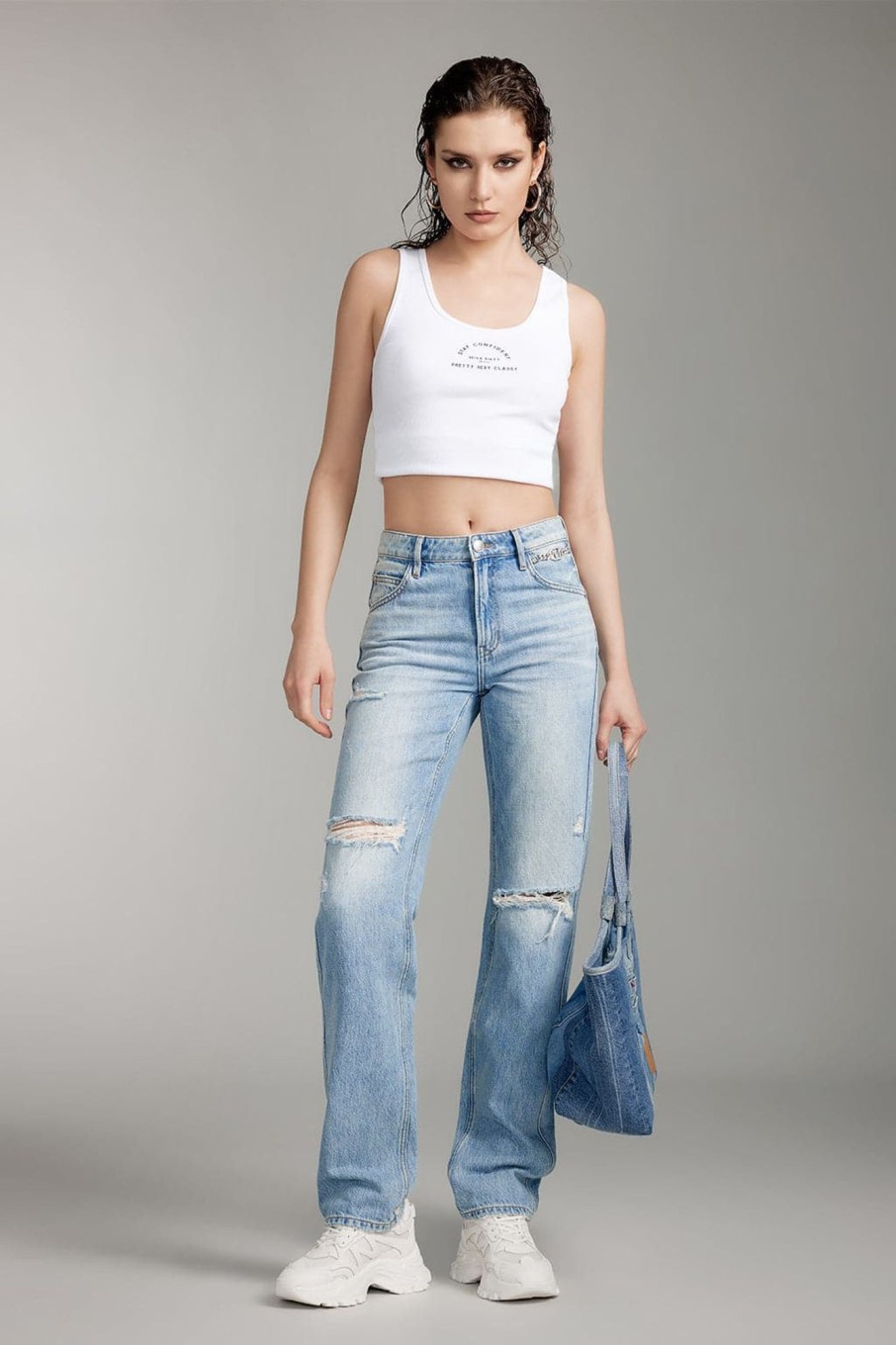 MISS SIXTY Straight | Ripped Straight Pants With Crystal Chain Middle Blue