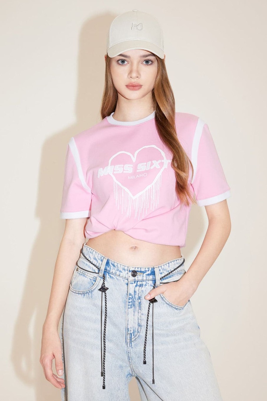 MISS SIXTY Tops | Round Neck Heart-Shaped Printed Colour Block Short Sleeves T-Shirt