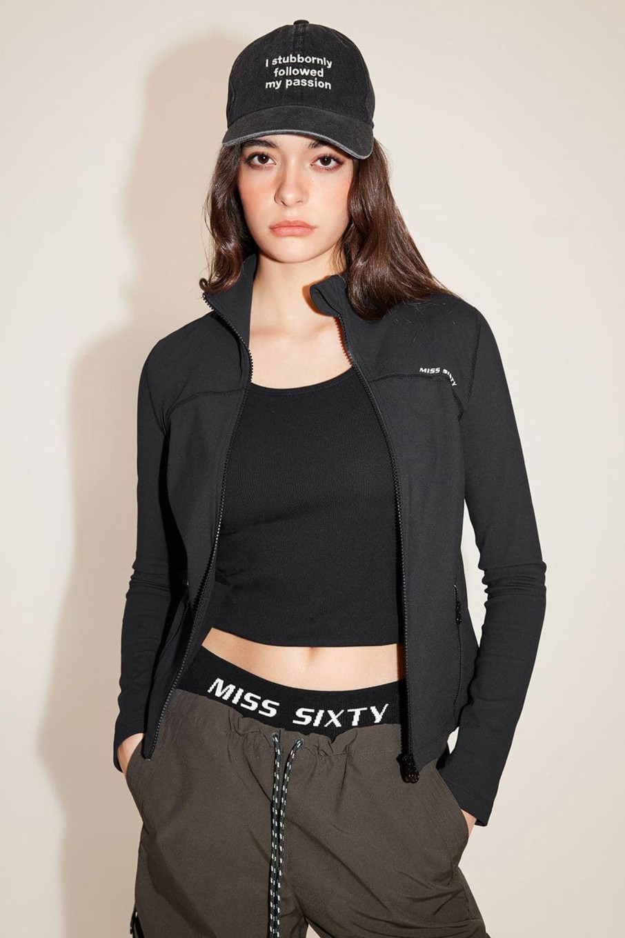 MISS SIXTY Jackets & Outerwears | High-Neck Elastic Slim Fit Yoga Jacket Black