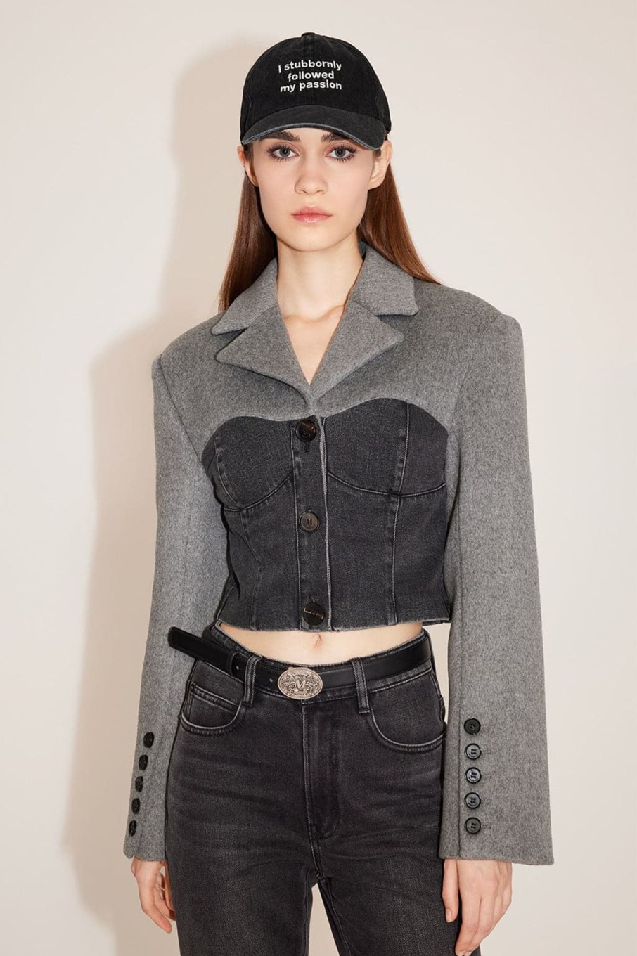 MISS SIXTY Jackets & Outerwears | Vintage Style Spliced Cropped Woolen Jacket Black Fog