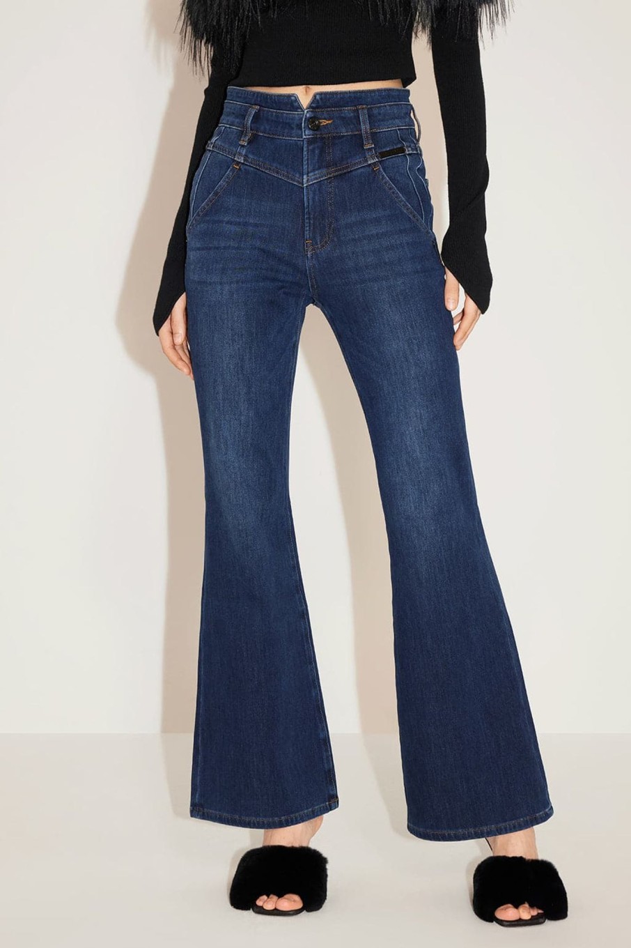 MISS SIXTY Flare | Dark Blue V-Shape High-Waisted Cashmere Blend Denim Flared Jeans Deep Blue