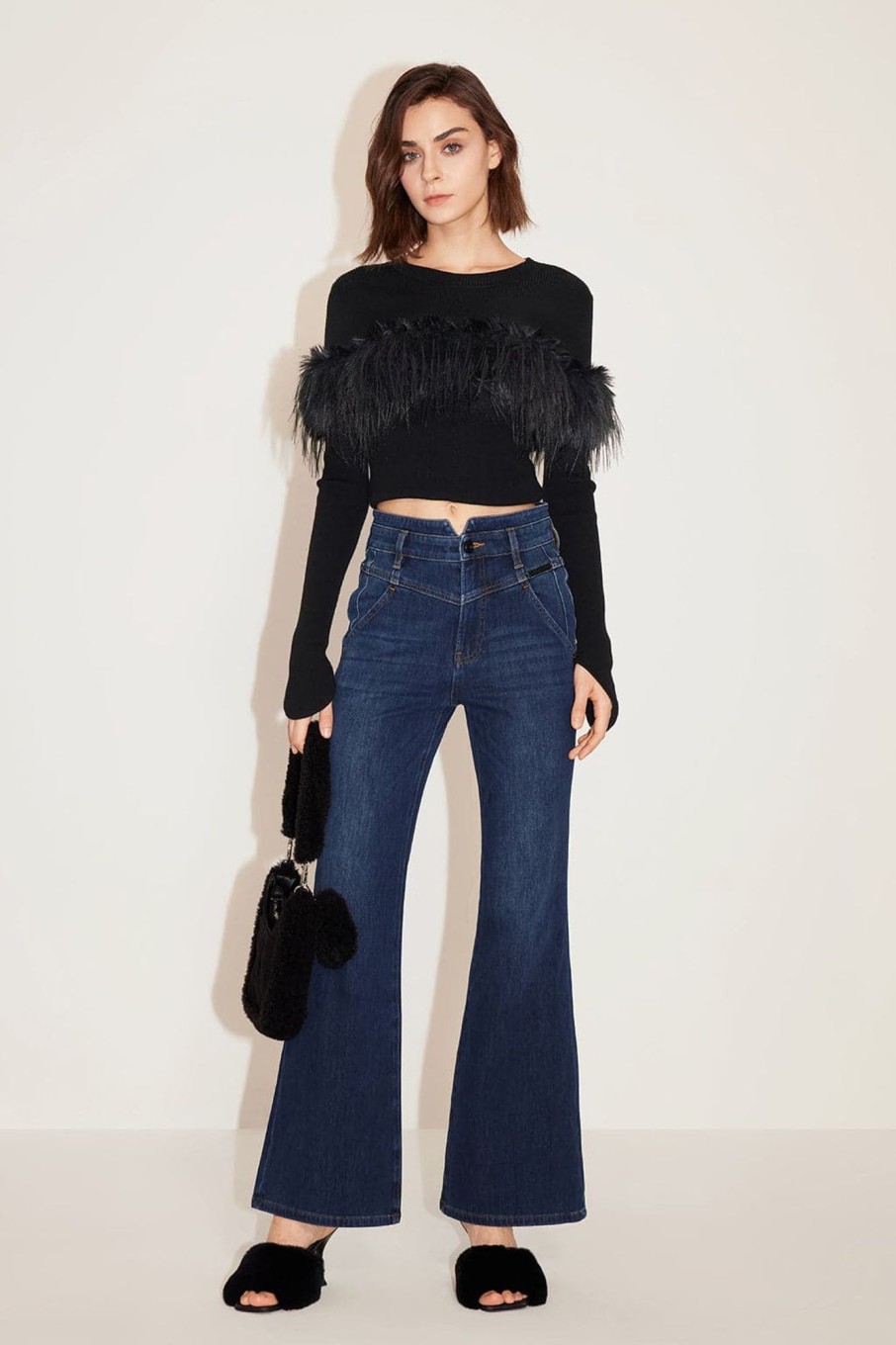 MISS SIXTY Flare | Dark Blue V-Shape High-Waisted Cashmere Blend Denim Flared Jeans Deep Blue