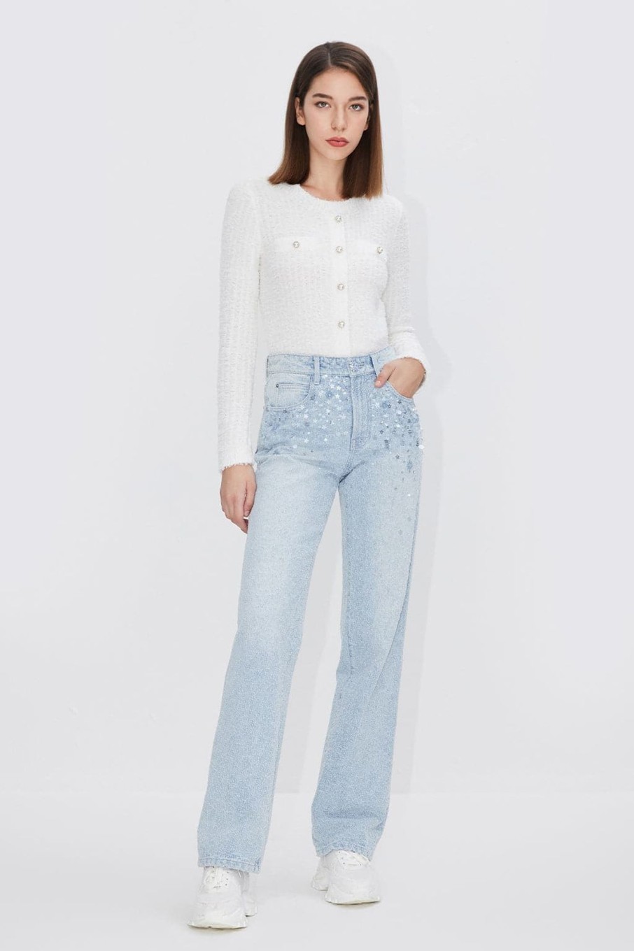 MISS SIXTY Straight | High Waist Jeans With Beaded Embellishment Light Blue