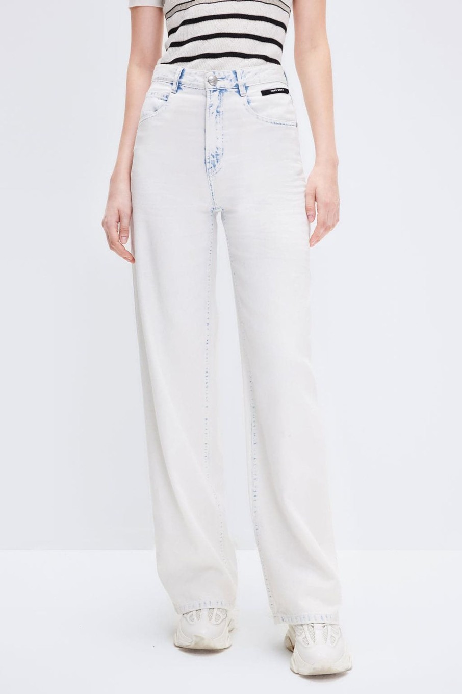 MISS SIXTY Straight | Baggy Linen Cotton Vintage Fringes Trim Straight Jeans Light Bleach Blue