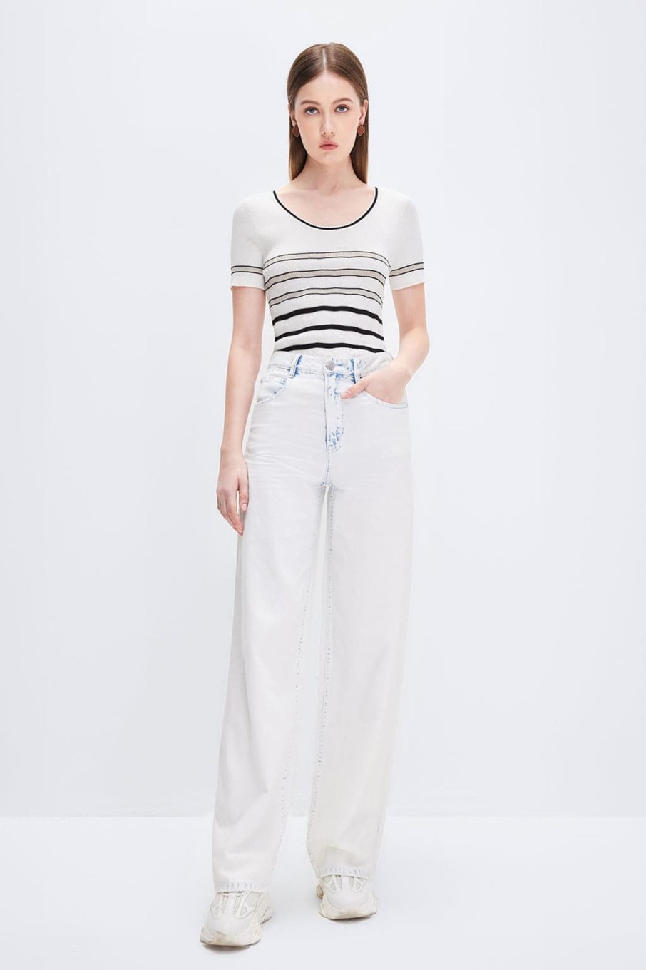 MISS SIXTY Straight | Baggy Linen Cotton Vintage Fringes Trim Straight Jeans Light Bleach Blue