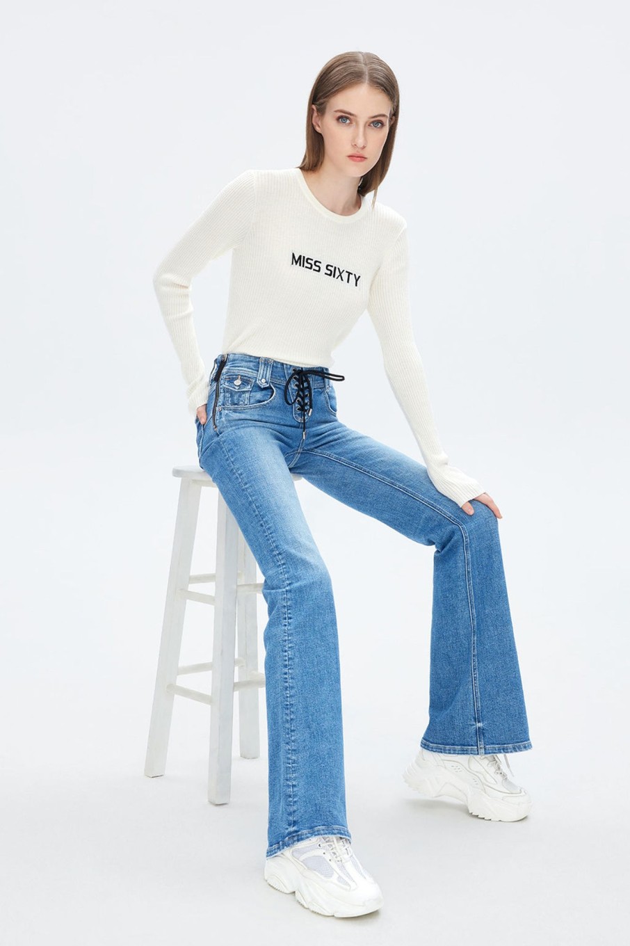 MISS SIXTY Flare | Lace-Up Sexy Low Rise Flared Jeans Middle Blue