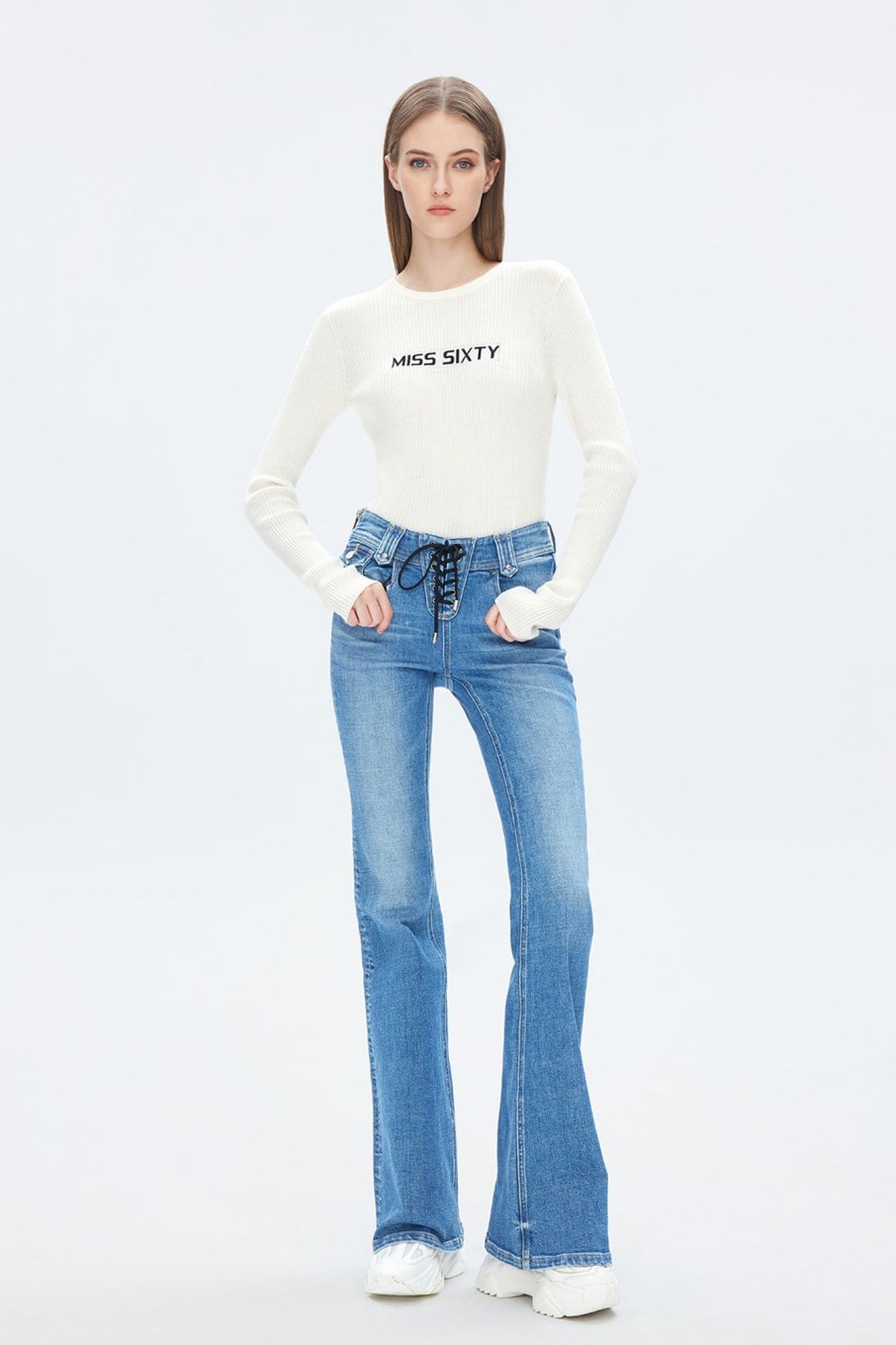 MISS SIXTY Flare | Lace-Up Sexy Low Rise Flared Jeans Middle Blue