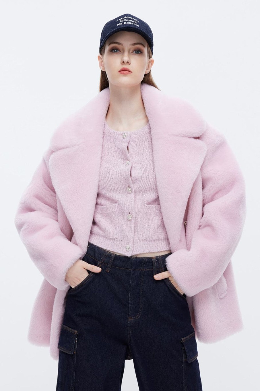 MISS SIXTY Jackets & Outerwears | Elegant Light Pink Mid-Length Thickened Wool Shearling Coat Baby Pink