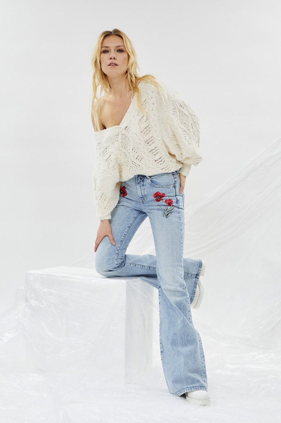 MISS SIXTY Flare | Slim Fit Flared Cotton Jeans With Delicate Beaded Light Blue