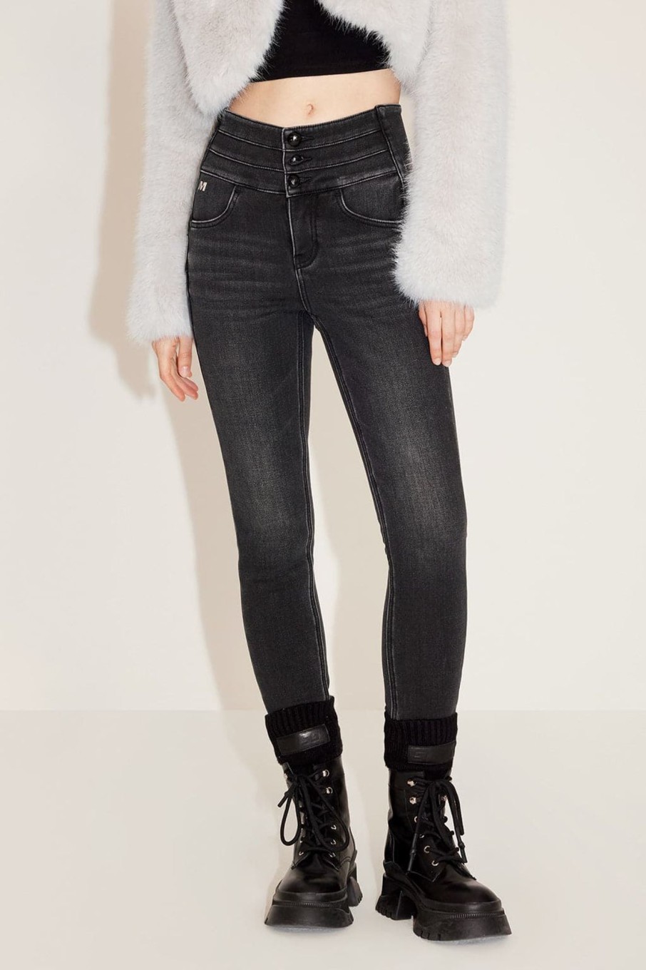 MISS SIXTY Jeans | High-Waist Black-Gray Fleece-Lined Slimming Denim Jeans Black Fog