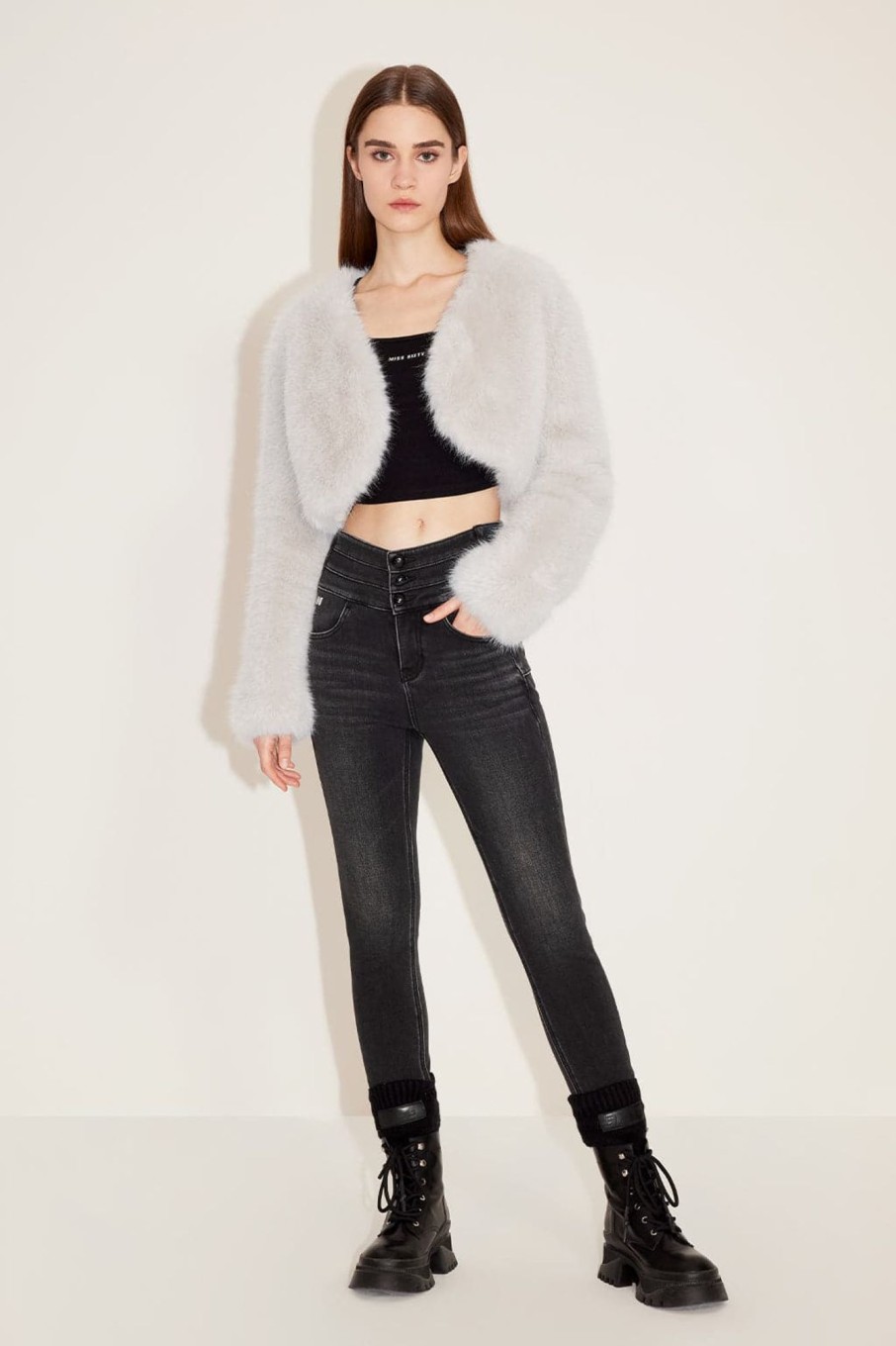 MISS SIXTY Jeans | High-Waist Black-Gray Fleece-Lined Slimming Denim Jeans Black Fog