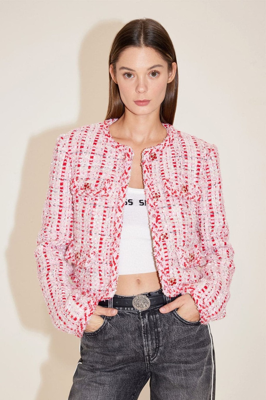 MISS SIXTY Jackets & Outerwears | Elegant Woolen Tweed Jacket White/Red