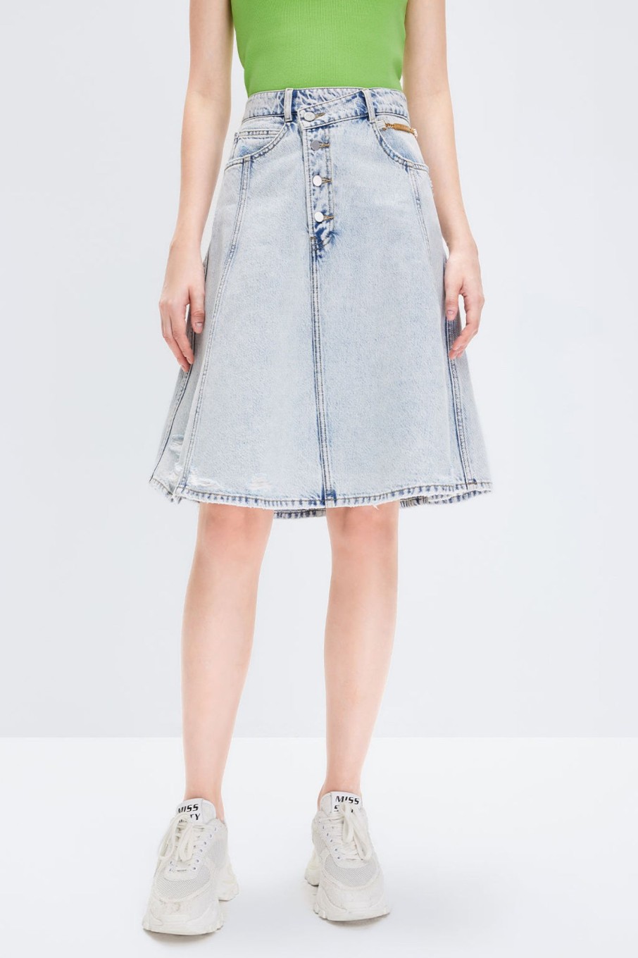 MISS SIXTY Skirts | Slant Placket Denim Midi Skirt With Fringes Trims Light Blue