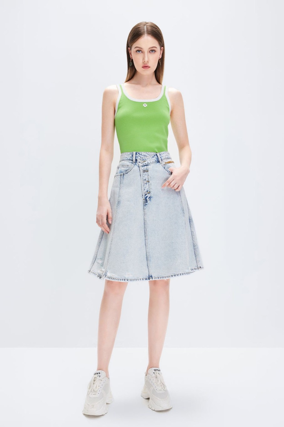 MISS SIXTY Skirts | Slant Placket Denim Midi Skirt With Fringes Trims Light Blue