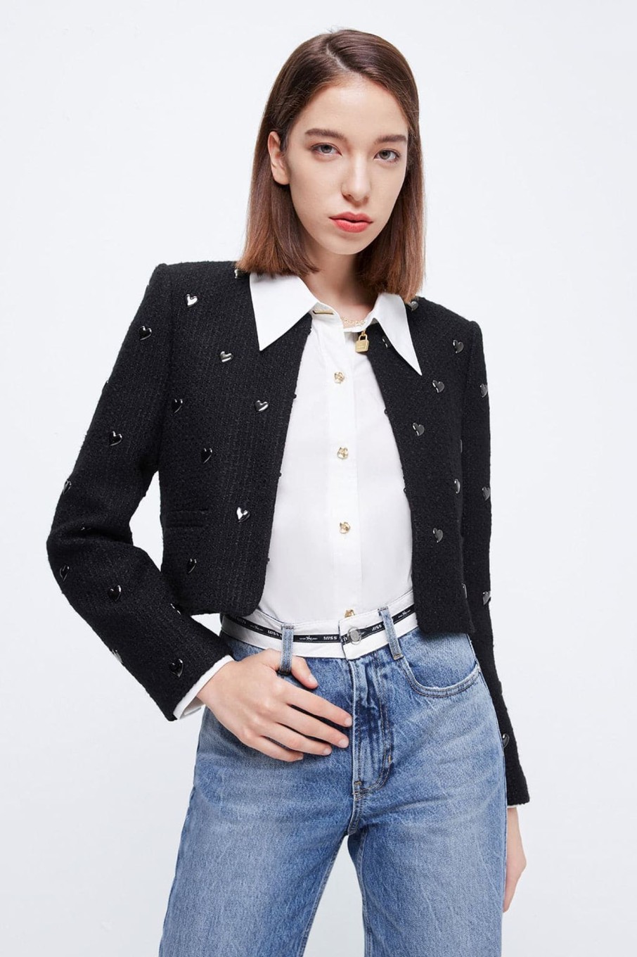 MISS SIXTY Jackets & Outerwears | Tweed Jacket With Heart Shape Pattern Black