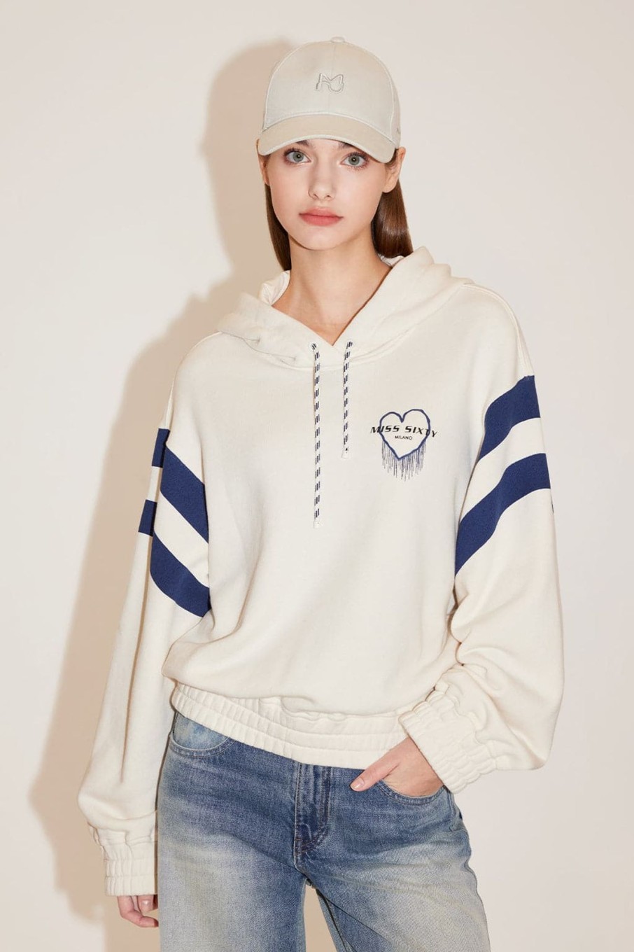 MISS SIXTY Tops | Sporty Colour Block Hooded Sweatshirt Off White