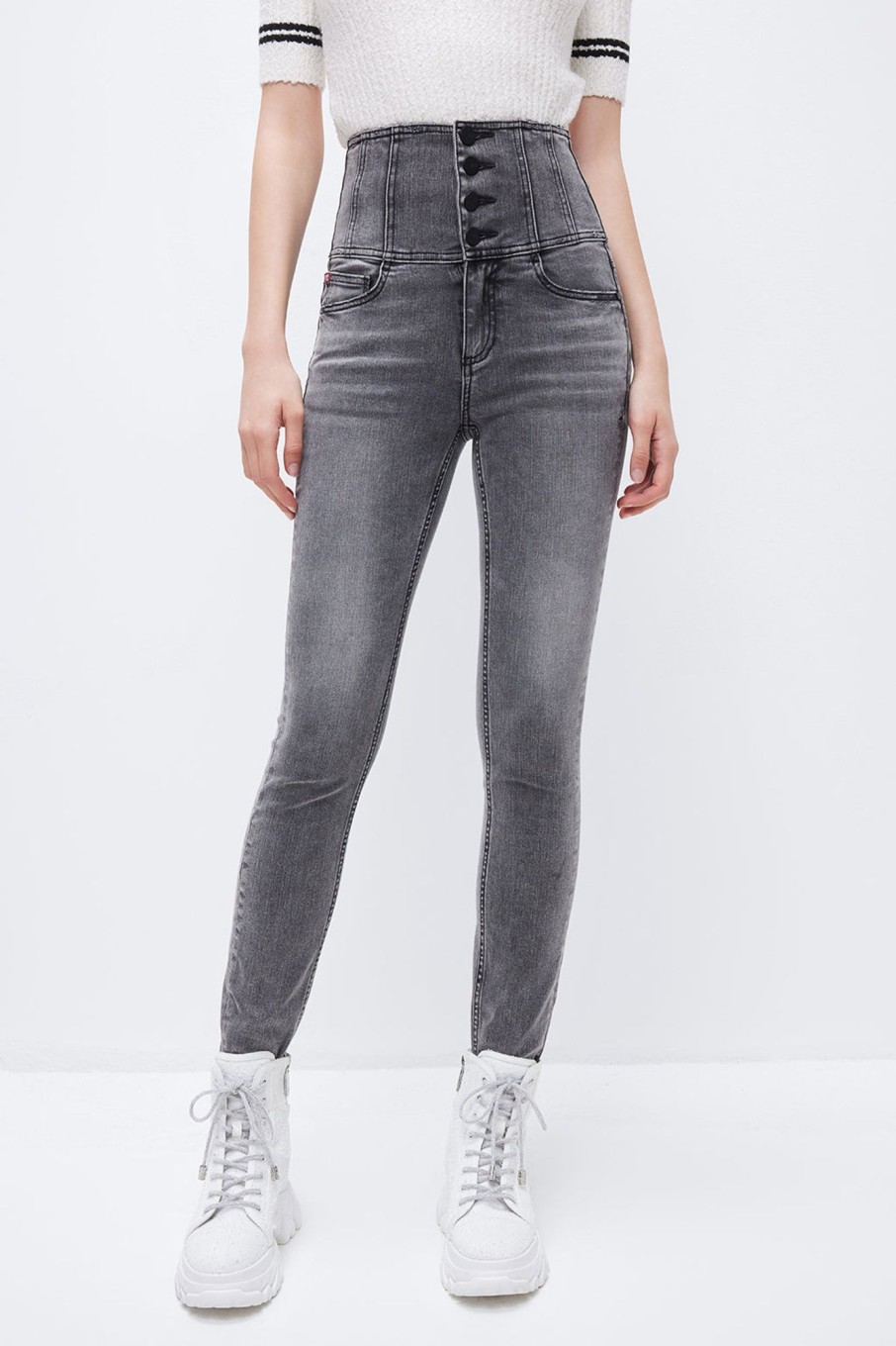 MISS SIXTY High Waist | Four Buttons Super High Waist Slim Fit Jeans Light Grey