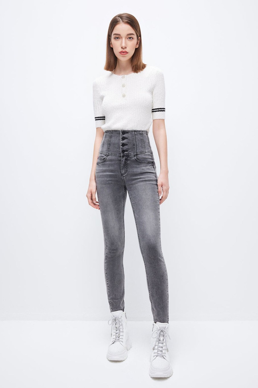 MISS SIXTY High Waist | Four Buttons Super High Waist Slim Fit Jeans Light Grey