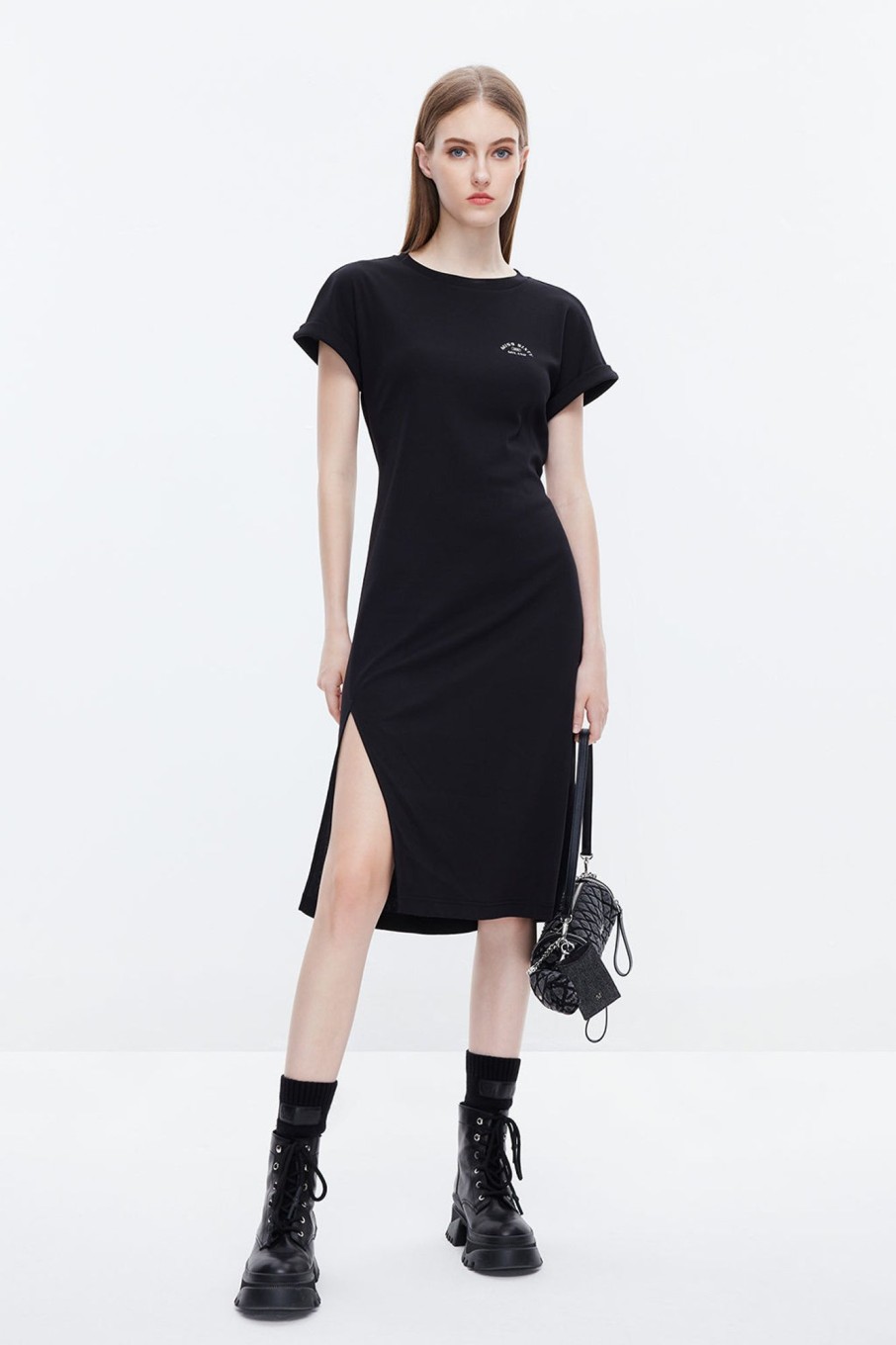 MISS SIXTY Dresses | Sexy Front Slit Cotton Round Neck Dress Black