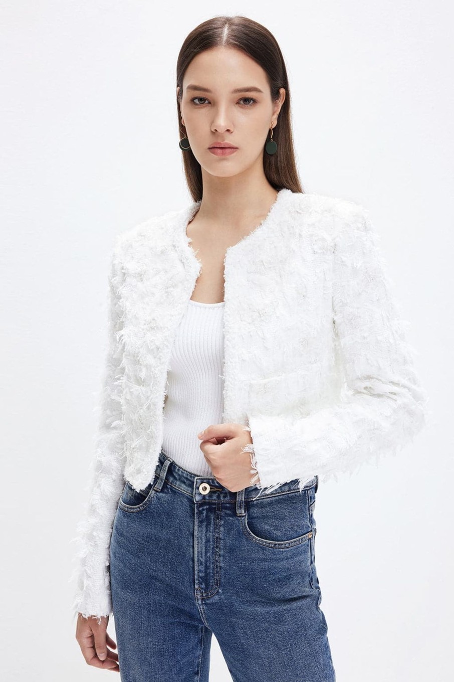 MISS SIXTY Jackets & Outerwears | Delicate Beaded Butterfly Jacket With Shoulder Pad White