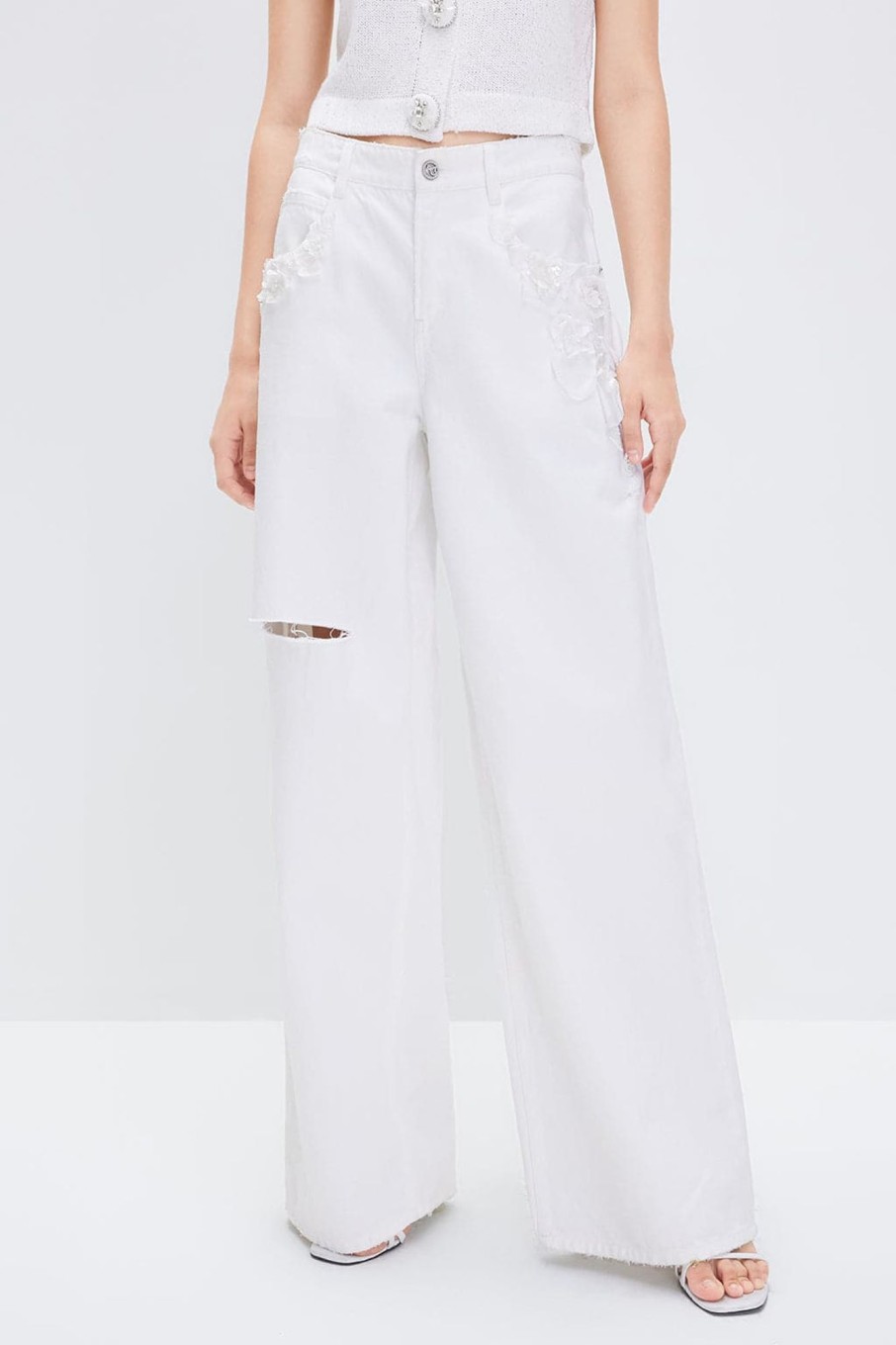 MISS SIXTY Wide Leg | Baggy Ripped Jeans With Linen Blend White