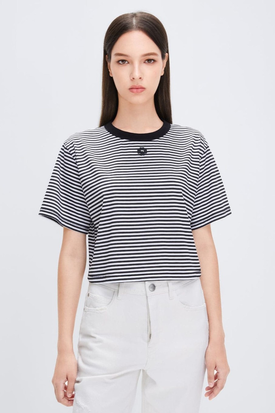 MISS SIXTY Tops | Black And White Striped T-Shirt With Clover Embroidery White/Black