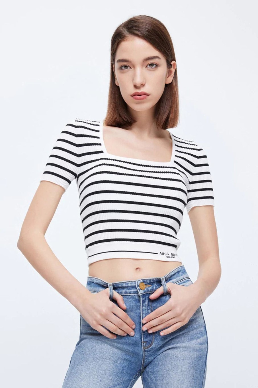 MISS SIXTY Sweaters | Square Neck Striped High Stretch Knitted Top Black/White