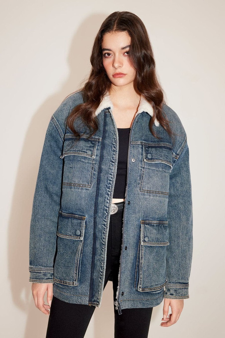 MISS SIXTY Jackets & Outerwears | Vintage Cargo Style Thick Casual Loose-Fit Denim Jacket Middle Blue