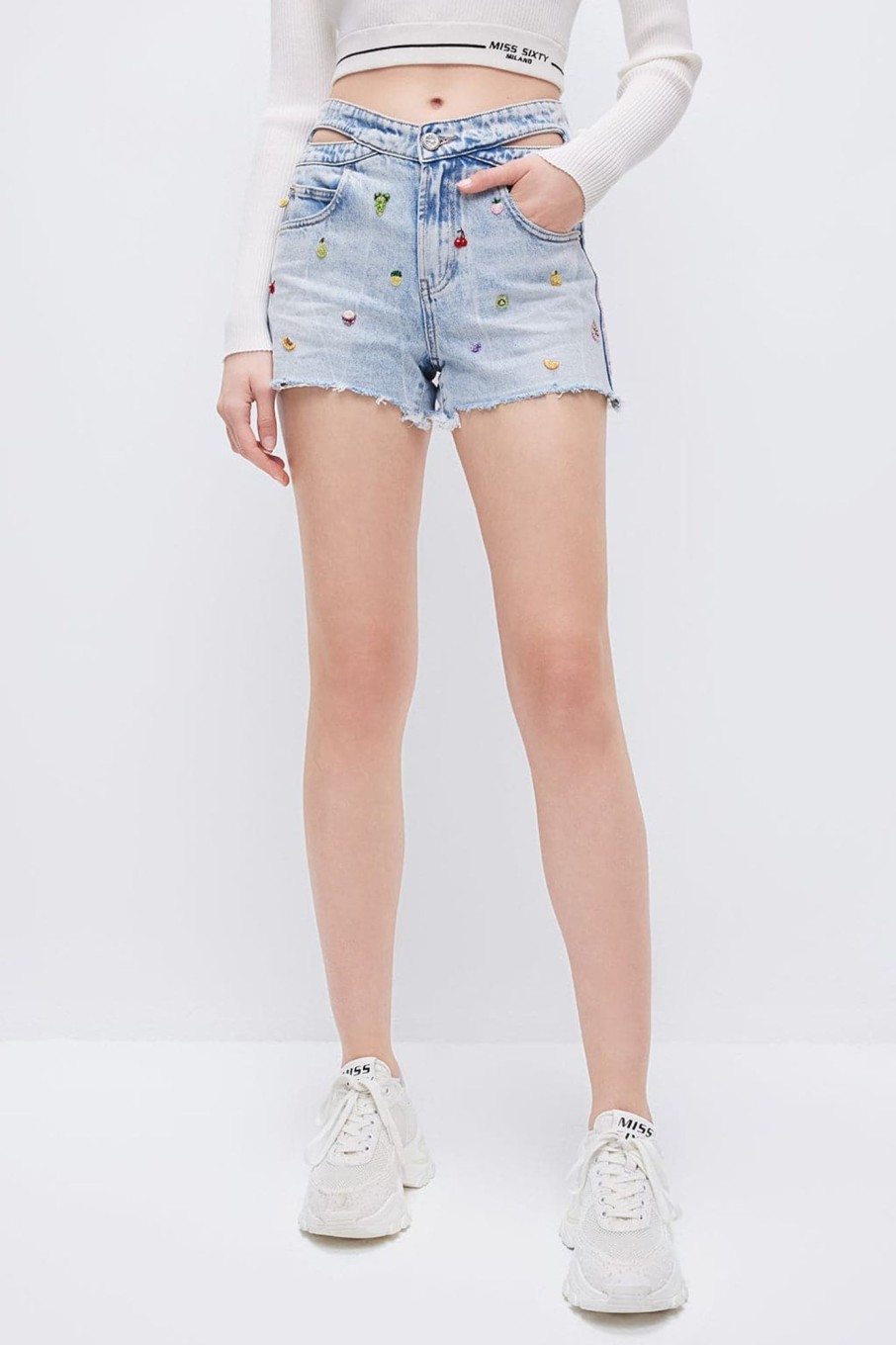 MISS SIXTY Shorts | Denim Shorts With Fruit And Beadedembellishment Light Blue