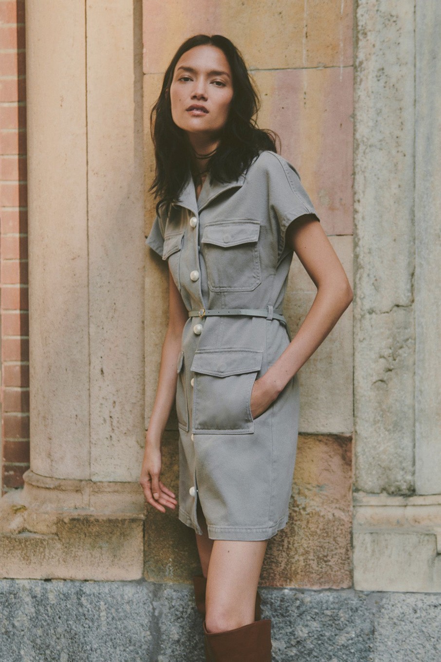 MISS SIXTY Fall-Winter | Angel Collection Embroidered Cargo Style Denim Dress Army Green