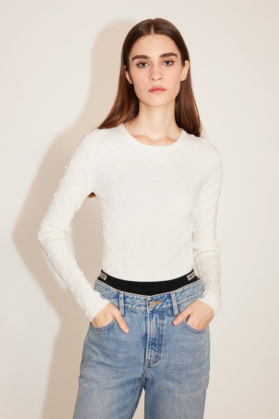 MISS SIXTY Sweaters | Check Pattern Jacquard Round Neck Wool Sweater White