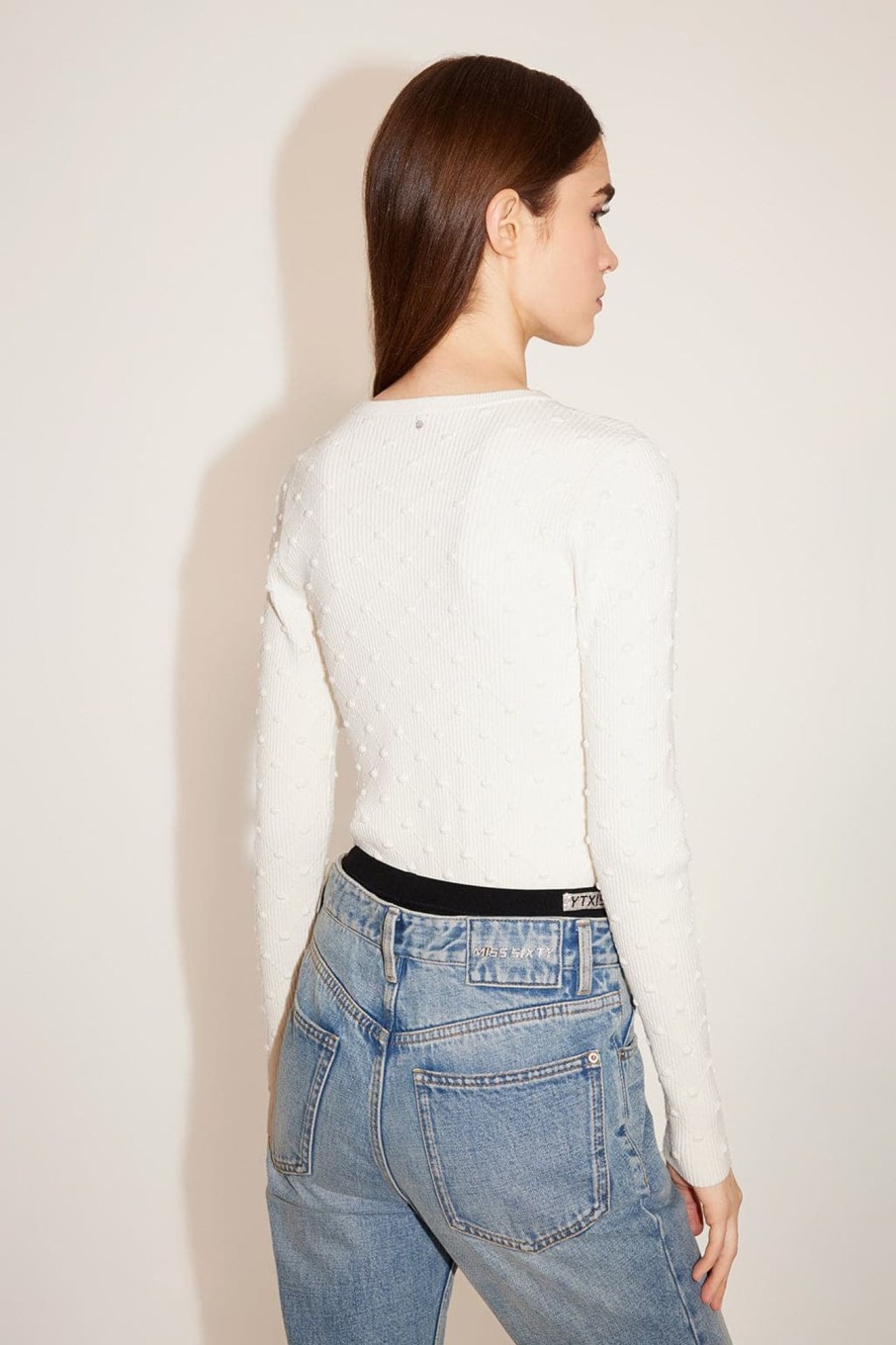 MISS SIXTY Sweaters | Check Pattern Jacquard Round Neck Wool Sweater White