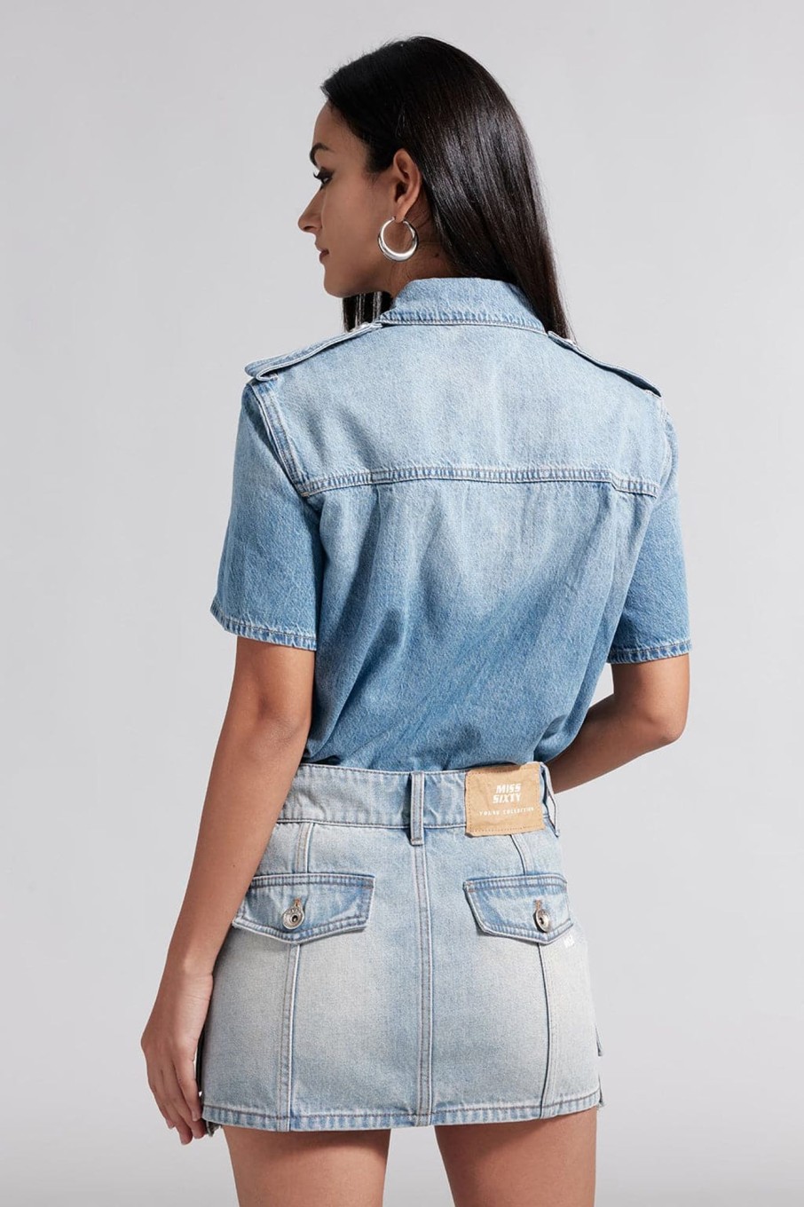 MISS SIXTY Tops | Vintage Lapel Denim Shirt Middle Blue