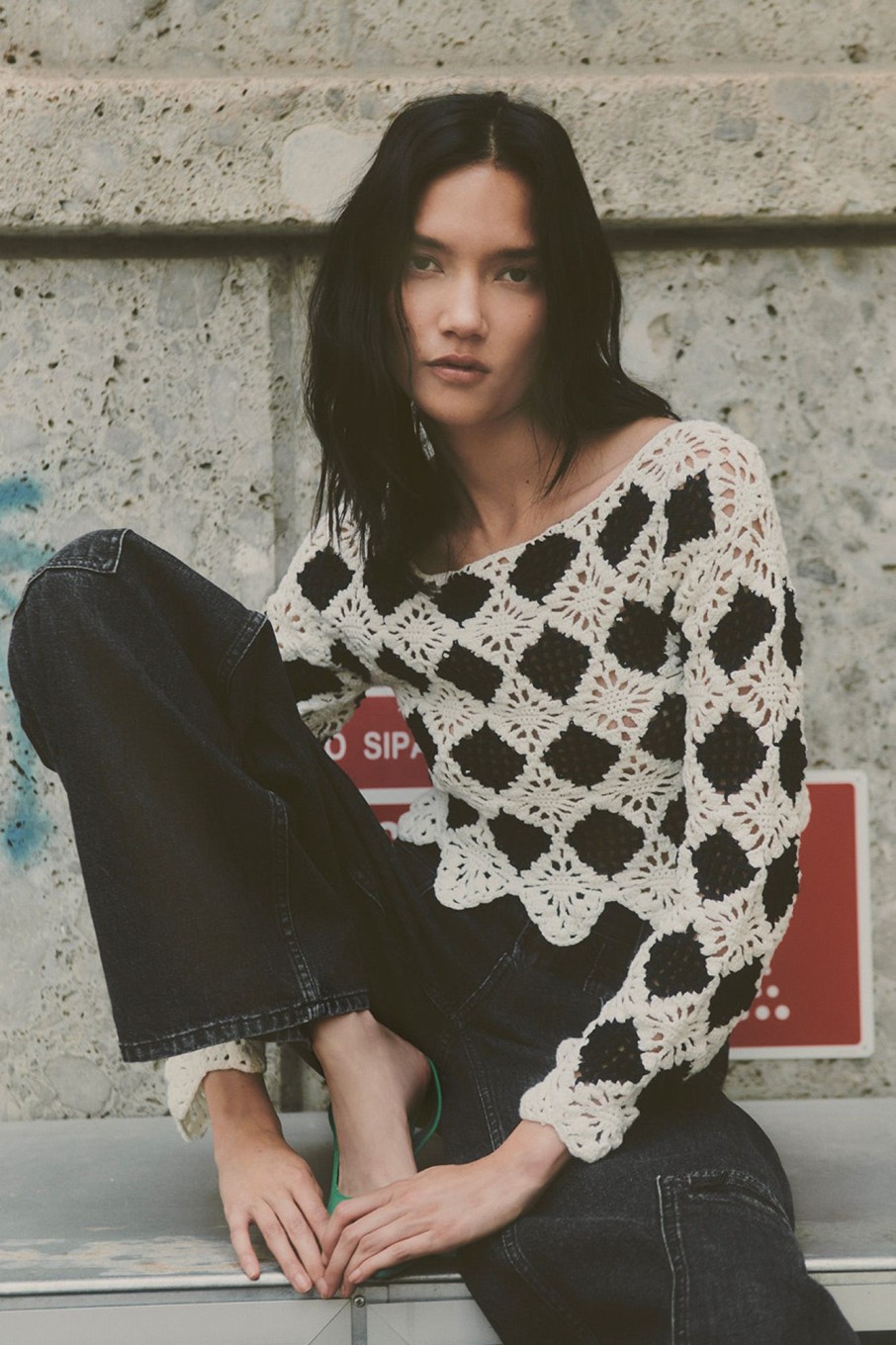 MISS SIXTY Sweaters | Black And White Check Crocheted Cropped Top Black/White