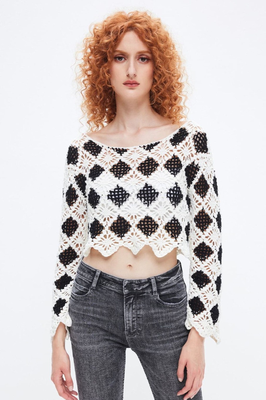 MISS SIXTY Sweaters | Black And White Check Crocheted Cropped Top Black/White