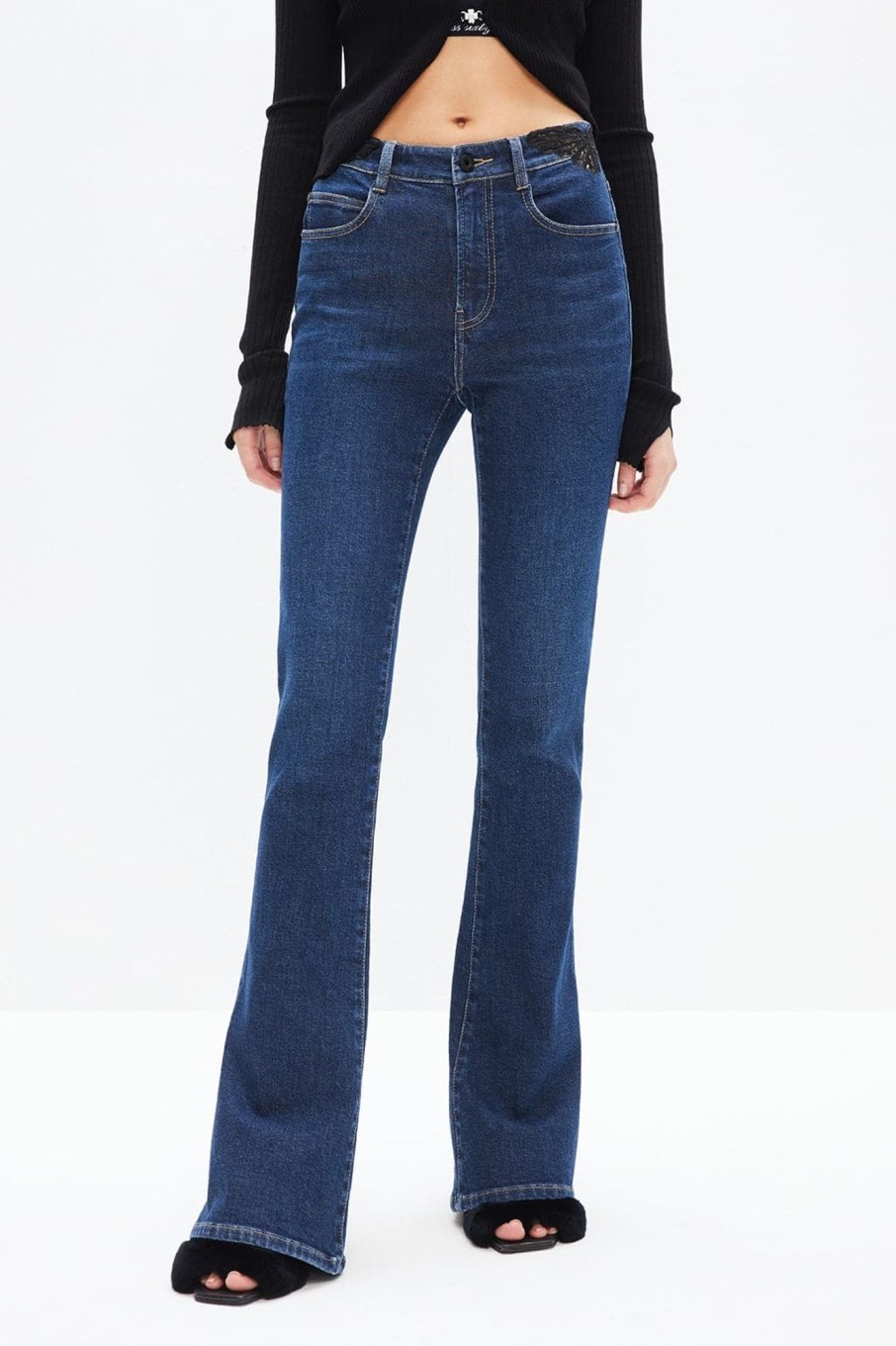 MISS SIXTY Flare | Vintage Dark Blue Flared Jeans With Butterfly Embroidery Deep Blue