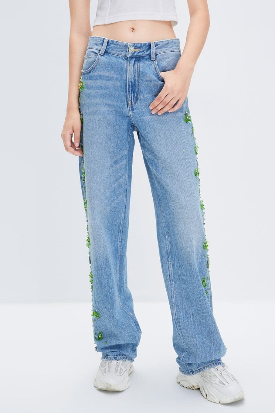 MISS SIXTY Straight | Baggy Straight Fit Leg Jeans With Linen Blend Light Blue