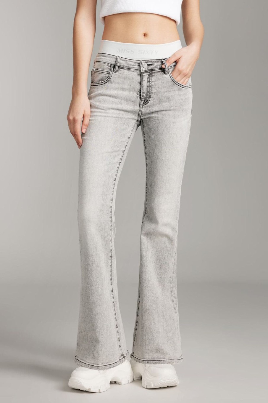 MISS SIXTY Flare | Double Panel Waist Design Vintage Flared Jeans Light Grey