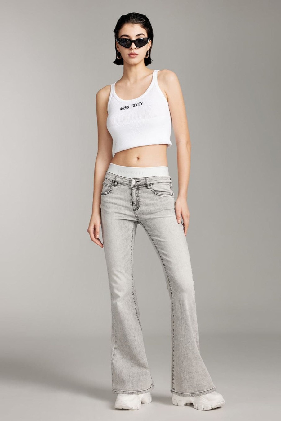 MISS SIXTY Flare | Double Panel Waist Design Vintage Flared Jeans Light Grey