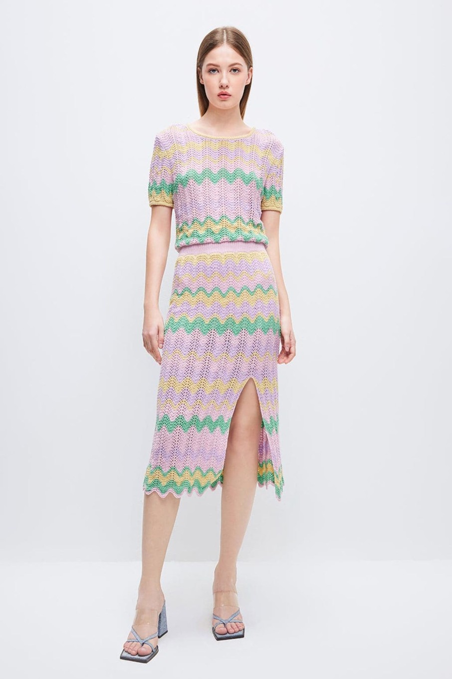 MISS SIXTY Skirts | Ethnic-Inspired Colorful Wavy Pattern Slit Midi Skirt Multicolour