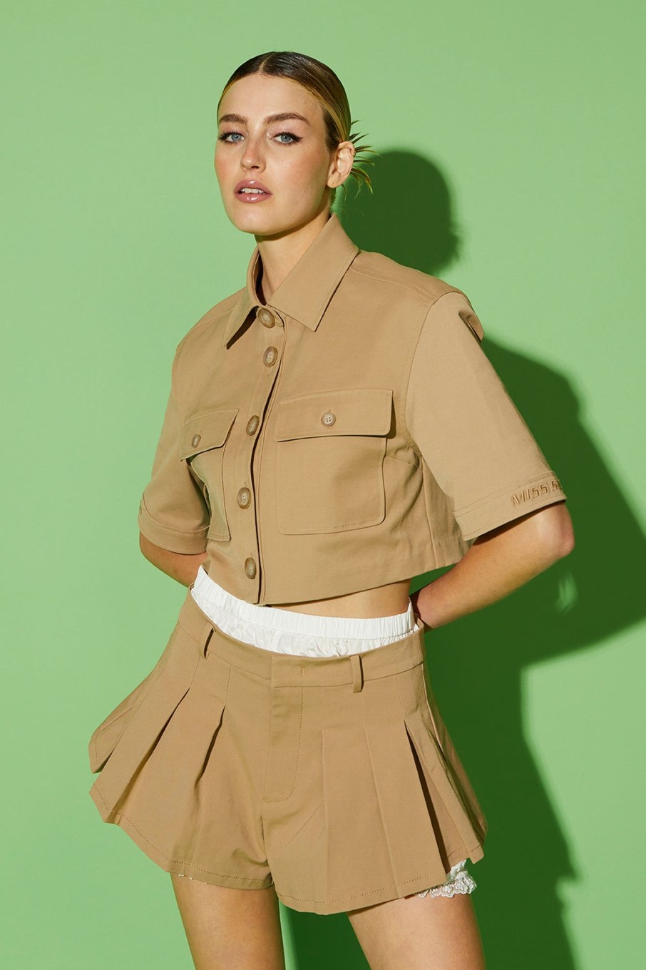 MISS SIXTY Jackets & Outerwears | Cropped Polo Collar Jacket Khaki